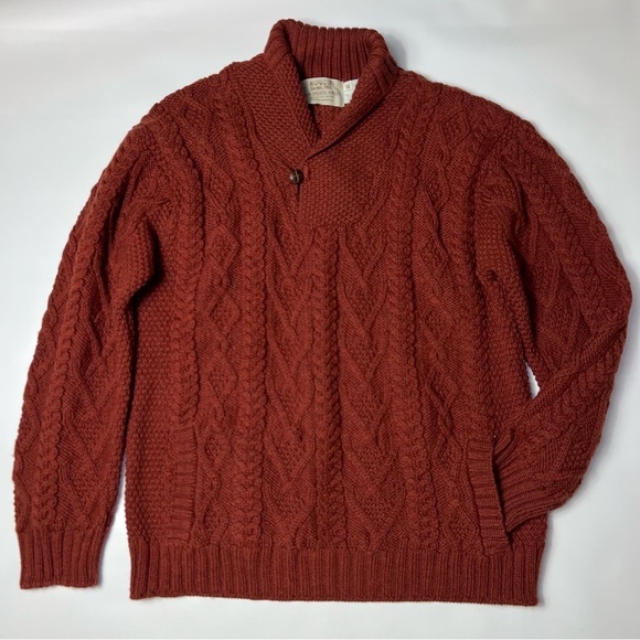 Aran Shawl Collar Sweater One Button Fisherman chunky knit brown size XL - Picture 2 of 7
